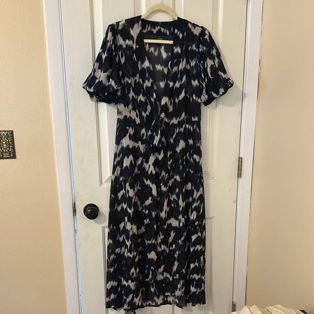 Elegant Black, Beige and Blue Patterned Sheer Duster Dress with Tie Waist.